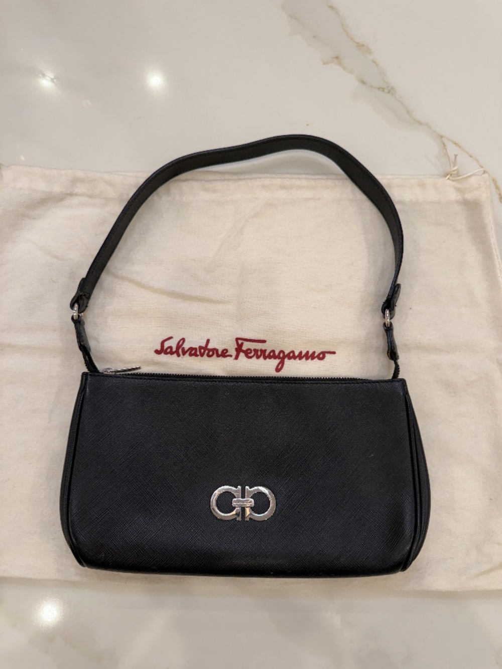 Ferragamo Gancini Leather Shoulder Bag Black